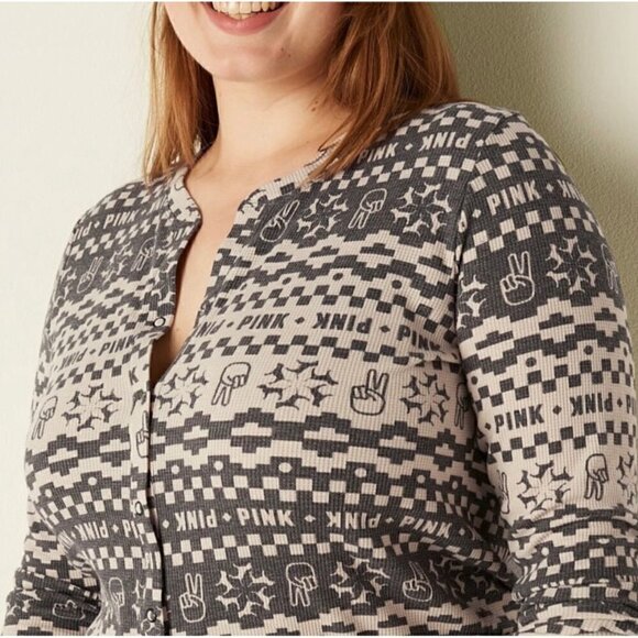 NWT Victoria's Secret Peace Sign PINK Thermal Pajama Onesie Grey Cream L - Picture 2 of 8